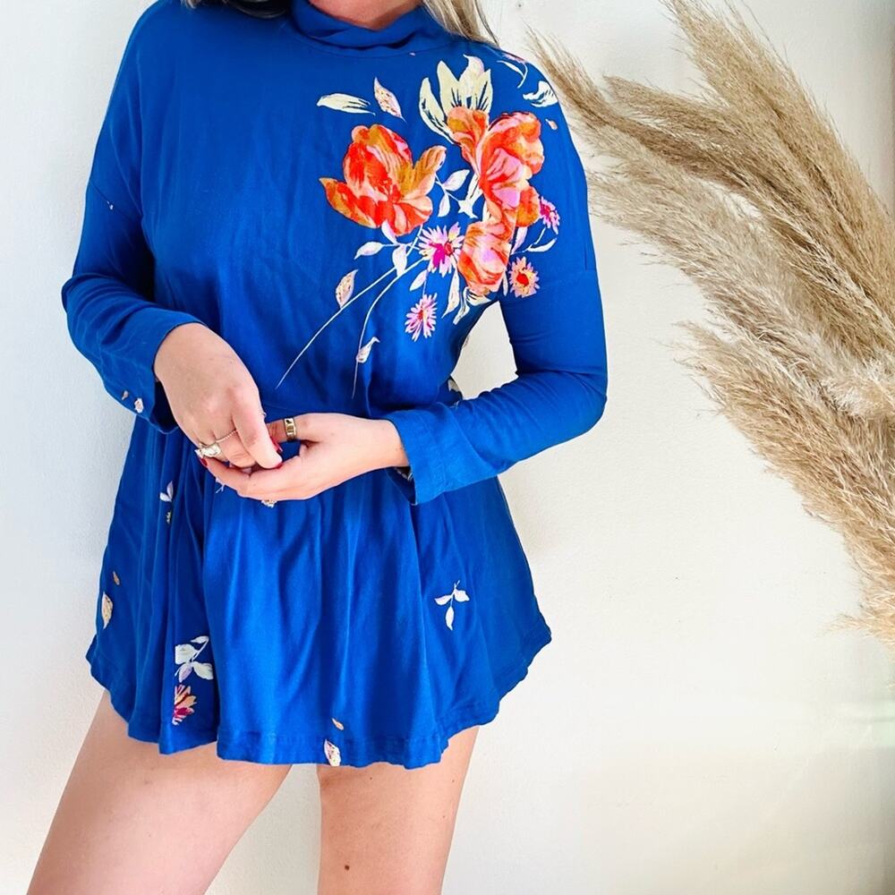 FP FREE PEOPLE Blue Red Pink Long Sleeve High Neck Floral Mini Dress Tunic Top M